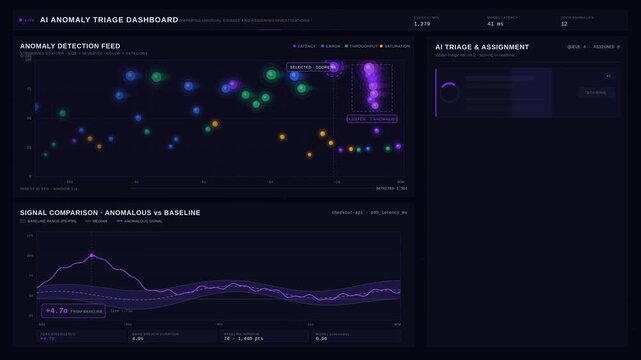 An AI anomaly triage dashboard visualizes unusual signals with live data feeds, interactive charts, and real-time assignments for efficient investigation and monitoring.