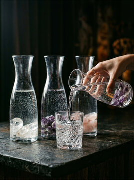 Elegant Glass Carafe Pouring Water into Drinking Glasses at Home