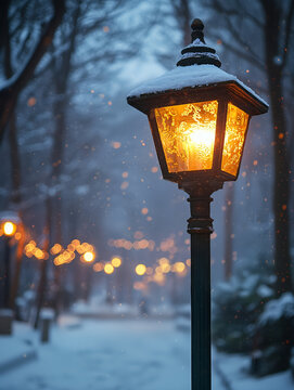 Old glowing lamp post on winter village street in falling snow