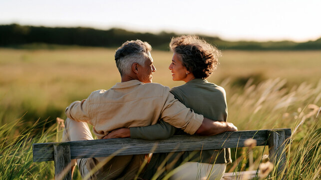 Couple sits together on wooden bench in golden meadow, embracing quietly, peaceful nature connection, mature love and companionship outdoors.