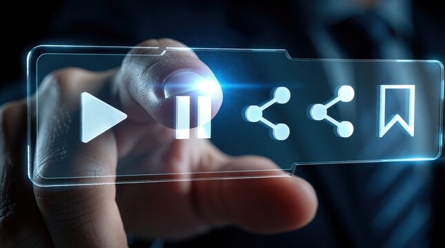 Hand interacts with holographic user interface display. Finger touches media control icons including play pause share and bookmark symbols in futuristic setting.