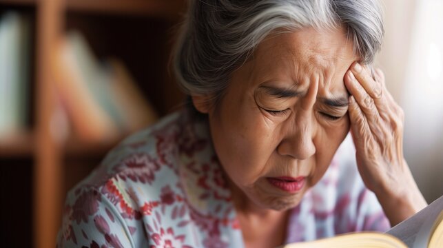 The expression of a senior Japanese woman suffering from a headache and eye strain while reading