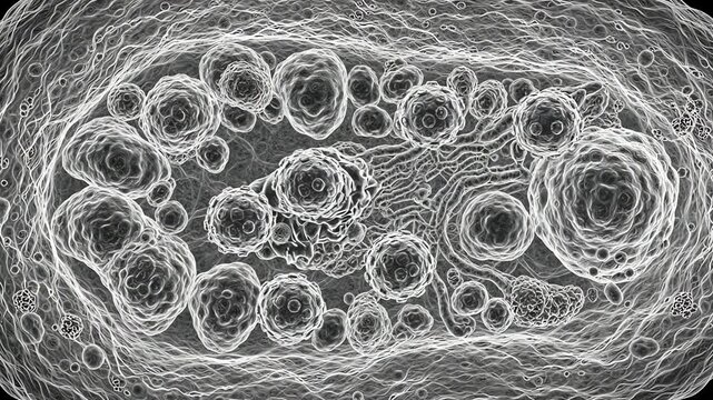 Cell affected by viral infection, showing multiple viral particles inside the cell and subtle disruption of the cellular environment