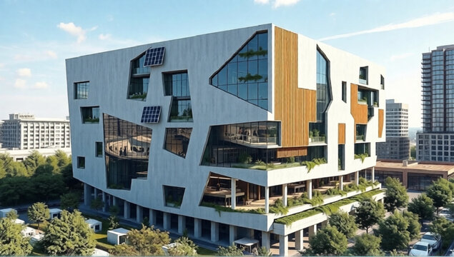 Modern deconstructivist commercial office building with geometric concrete facade and integrated solar panels