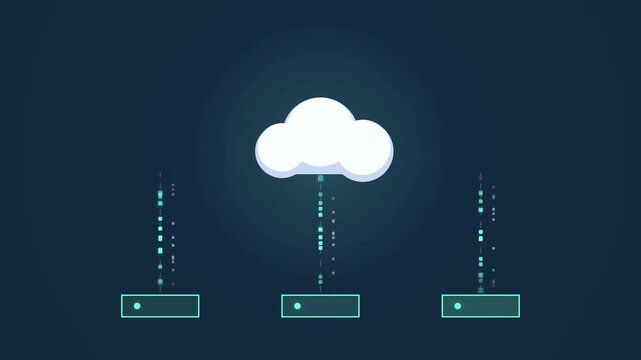 Abstract illustration of cloud computing network servers transferring digital data packets on a dark blue background tech motion concept