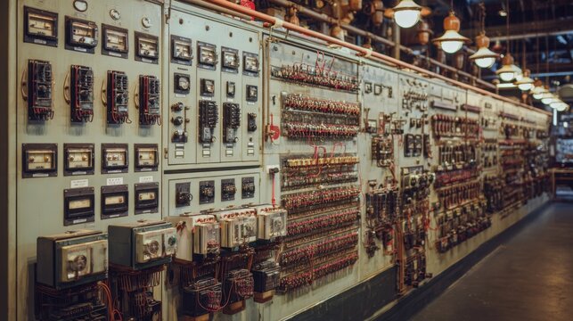 Vintage electronics factory background, rows of old analog control panels, mechanical gauges, switches, copper wiring and industrial lamps, muted
