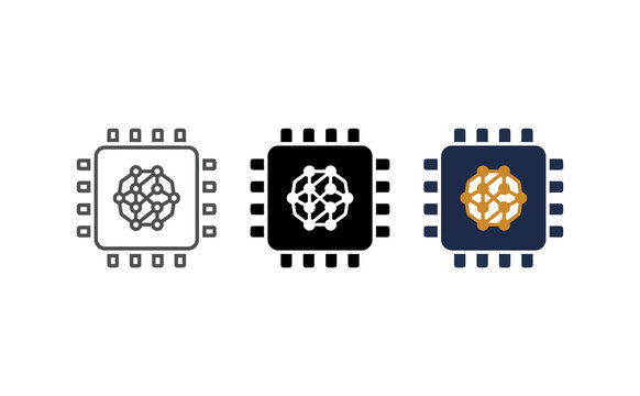 Minimalist cpu processor icons featuring network nodes in flat vector style
