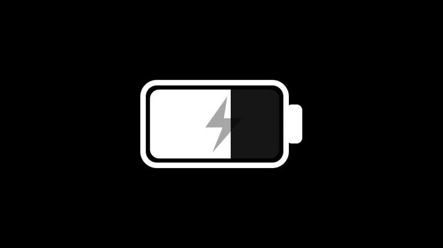 Battery Charging Animation with Lightning Bolt and Filling Power Level on Black Background 4K