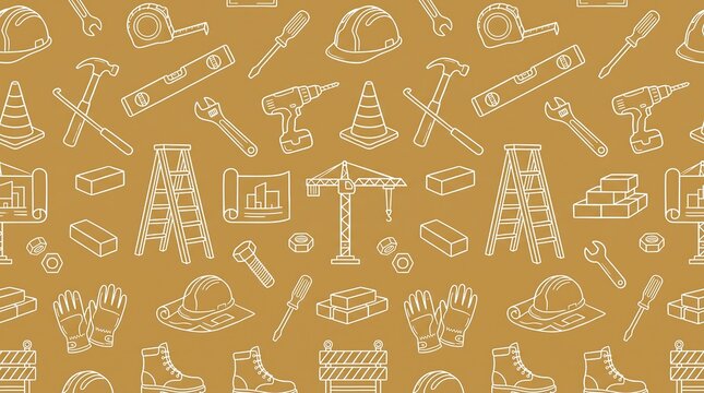 A seamless pattern of construction tools and safety equipment rendered in a white outline on a golden-brown background.