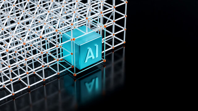 Dynamic 3D illustration showcasing central artificial intelligence cube within intricate data network symbolizing the crucial role of Tech Policy AI in shaping future innovation