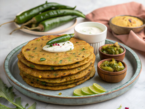 Traditional Indian Thepla  Gujarati spiced fenugreek flatbreads stacked with yogurt  pickle and green chilies  traditional presentation