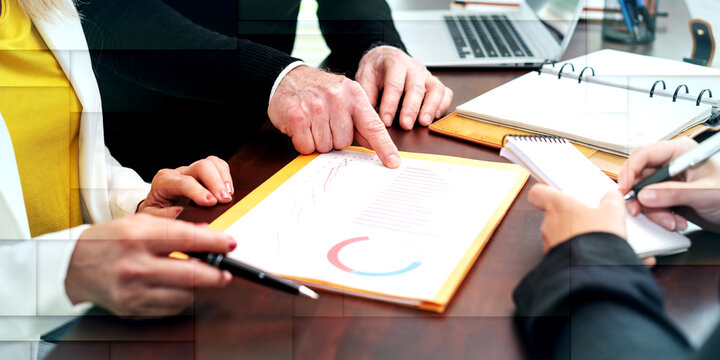Group of three people working together, geometric pattern