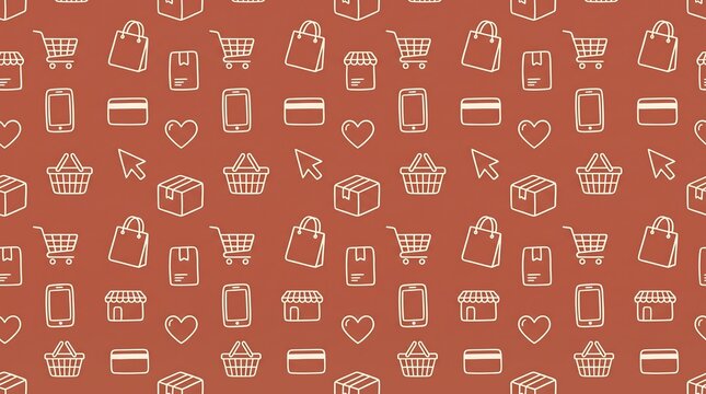 A seamless pattern of e-commerce and online shopping icons on a reddish-brown background, featuring shopping carts, bags, boxes, credit cards, and hearts.