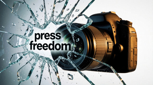 Pro DSLR camera smashes through broken glass. Shattered shards fly around lens with press freedom text. Concept of journalism censorship, media rights, news reporting. Metaphor for breaking barriers,