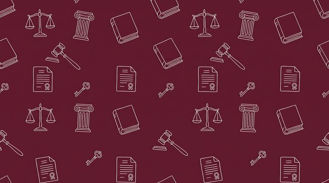 A seamless pattern of legal and justice-themed icons on a deep red background, featuring scales of justice, gavels, books, pillars, and documents.
