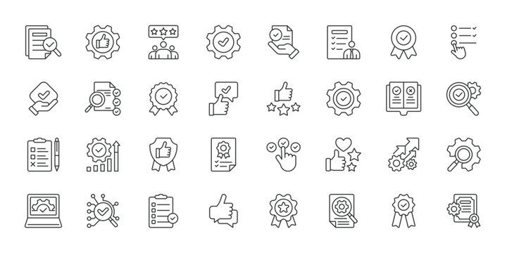 Quality Management icons in line design. quality management, control, checklist, inspection, standard, process, improvement on white background vector. Quality Management editable stroke icons.
