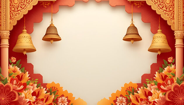 Traditional indian cultural frame with hanging temple bells and decorative floral patterns on a festive red background