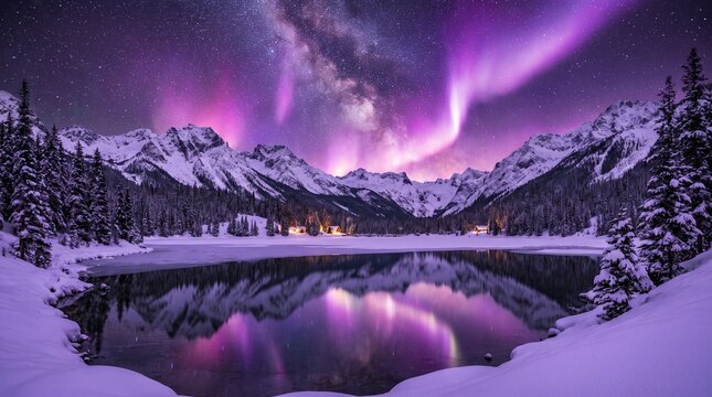 Aurora borealis over snowy mountains