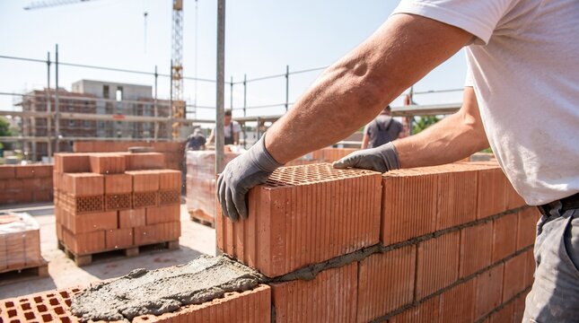 Worker laying bricks on construction site with mortar