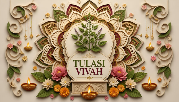 Decorative tulasi vivah greeting design with traditional lamps and floral patterns hindu festival sacred basil spiritual