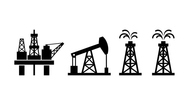 Black oil industry icons set featuring offshore drilling platform, pumpjack and derricks isolated on white, illustrating petroleum extraction and representing energy production concepts