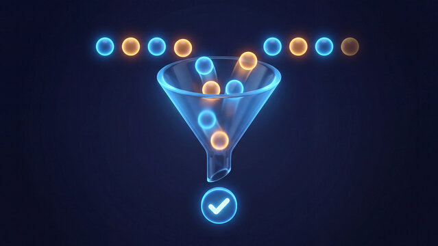 Glass funnel collecting glowing blue and orange spheres which transition into a singular checkmark symbol for streamlined digital data processing