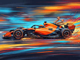 Obraz premium orange and black formula 1 race car speeds in a dynamic side view leaving colorful abstract strokes and sparks from high velocity