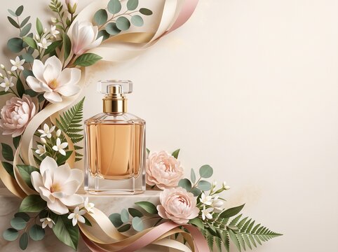 Luxury Perfume Bottle With Botanical 3D Frame and Cream Copy Space