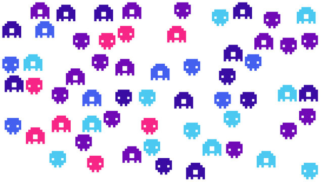 Retro Arcade Pixel Art Monsters Pattern with Colorful Alien Sprites on White Background