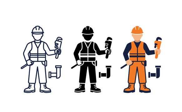 Minimalist vector illustration of construction worker holding pipe wrench in three styles