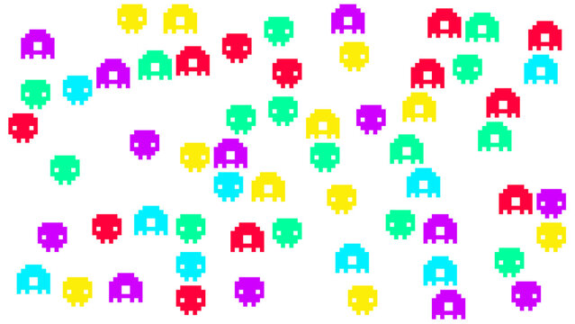 Colorful retro arcade video game pixel art characters scattered on white background