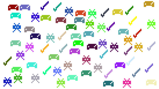 Colorful Retro Arcade Game Pixel Icons and Checkmarks on White Background