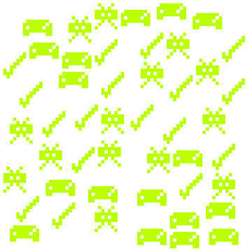 8 Bit Arcade Video Game Pattern with Neon Green Pixel Art Icons on White Background