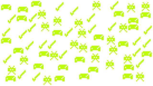Retro Pixel Art Gaming Pattern with Lime Green Game Controllers Space Invaders and Checkmarks on White Background