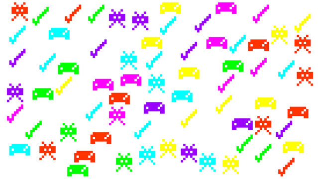 Colorful Retro 8 Bit Pixel Art Pattern of Video Game Aliens Controllers and Checkmarks on White Background