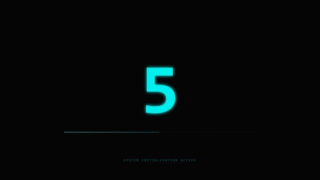 Countdown timer 10s with loading bar and glowing blue number and loading bar on black background. 4K Video