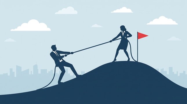 Businesspeople pulling a rope towards a flag on a hill silhouette against a city skyline