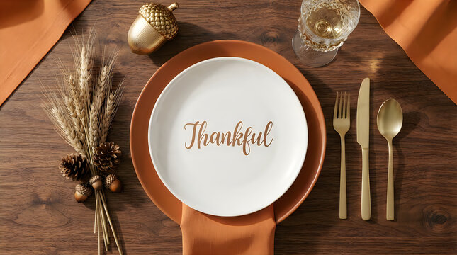 A beautiful overhead view of a rustic thanksgiving dinner table setting featuring a white plate with the word thankful written on it with elegant