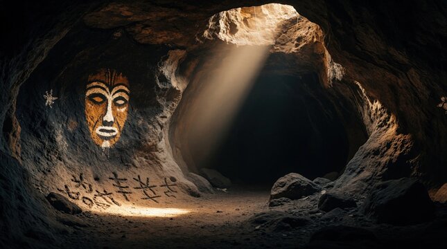 Ancient cave wall features tribal mask painting and cryptic symbols. Sunbeam shines through cave opening onto dusty ground, revealing natural cave interior.