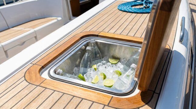 Glass water bottles chilled with lime wedges in a built in teak deck ice cooler on a luxury yacht