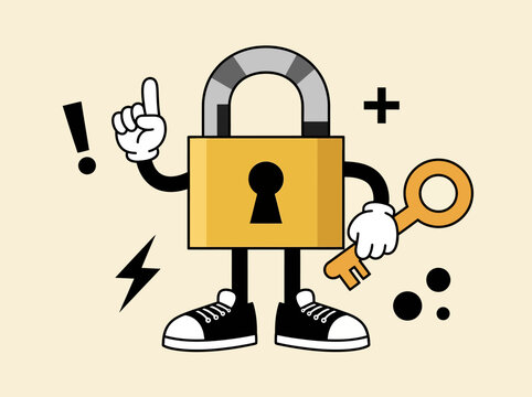 Retro cartoon padlock mascot holding a key, vintage security illustration.