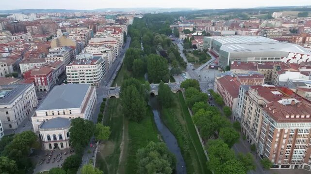 Aerial view of the Museo de la Evoluci&oacute;n Humana (MEH) and the Old Town of Burgos, Spain.