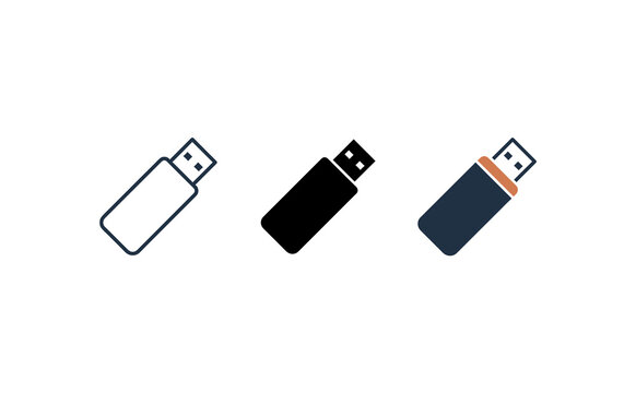 Minimalist usb flash drive icons set in outline solid and color vector styles