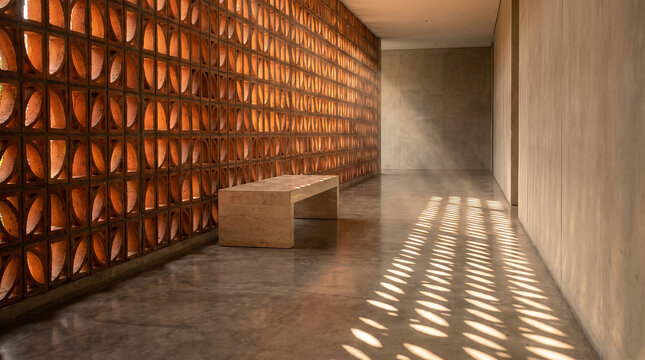 Modern Minimalist Hallway with Terracotta Breeze Block Wall and Stone Bench