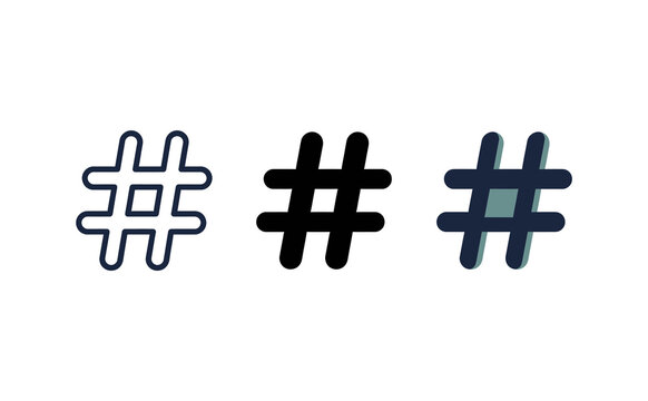 Minimalist hashtag symbols in outline solid and shadow styles set against a white background