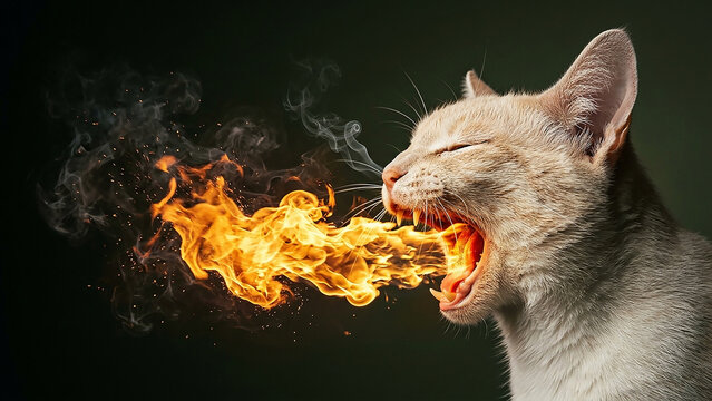 Feline Inferno A Dramatic Cinematic Close-Up of a Cream-Colored Cat Unleashing a Blazing Stream of Dragon-Like Fire Against a Moody Shadowed Background