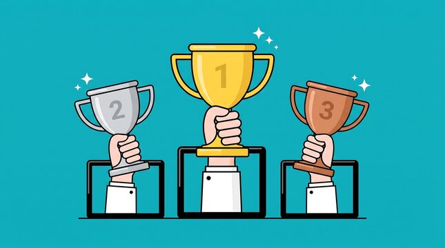 First second and third place gold silver bronze trophies on podiums with hands vector illustration