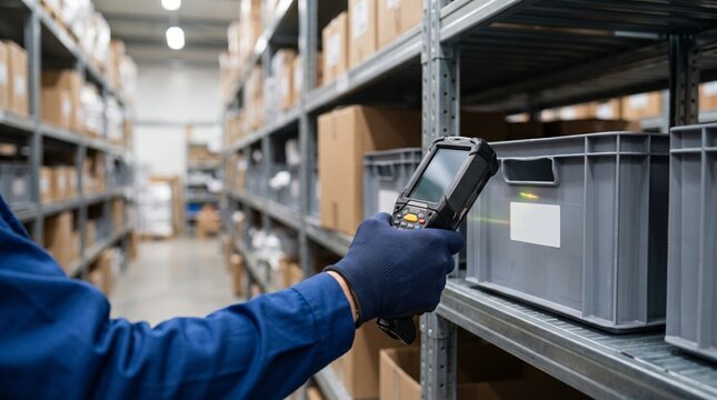 Industrial barcode scanner in warehouse, worker scanning inventory box, logistics management and supply chain technology