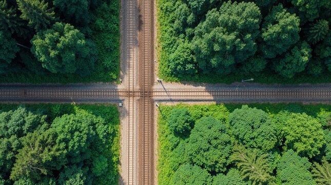 Aerial view of parallel train tracks crossing through dense green forest. Symmetric railway lines disappear into trees creating perspective of journey and industry.