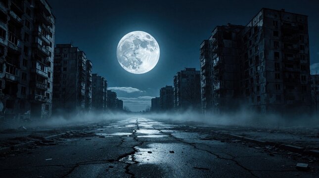 Abandoned city street under huge full moon at night. Desolate urban landscape with cracked asphalt road, ruined apartment buildings. Thick fog covers ground in empty post apocalyptic town. Eerie blue